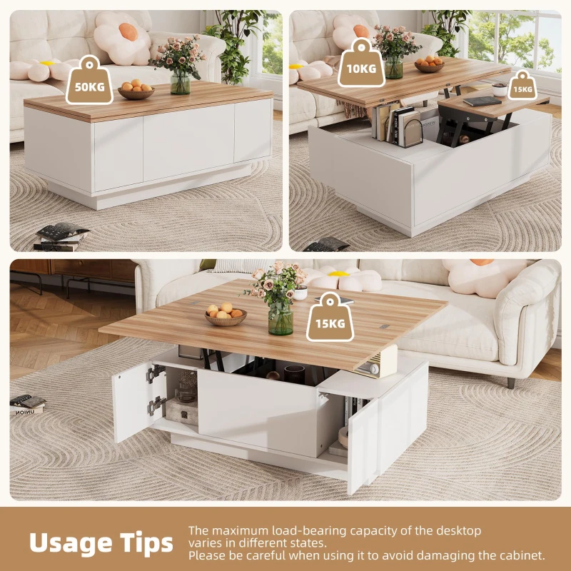 Lift-up Coffee Table with Hidden Storage and Dual Liftable Tops, Space-saving Centre Table for Dining, 100L x 50W x 55.5H cm, White+Natural