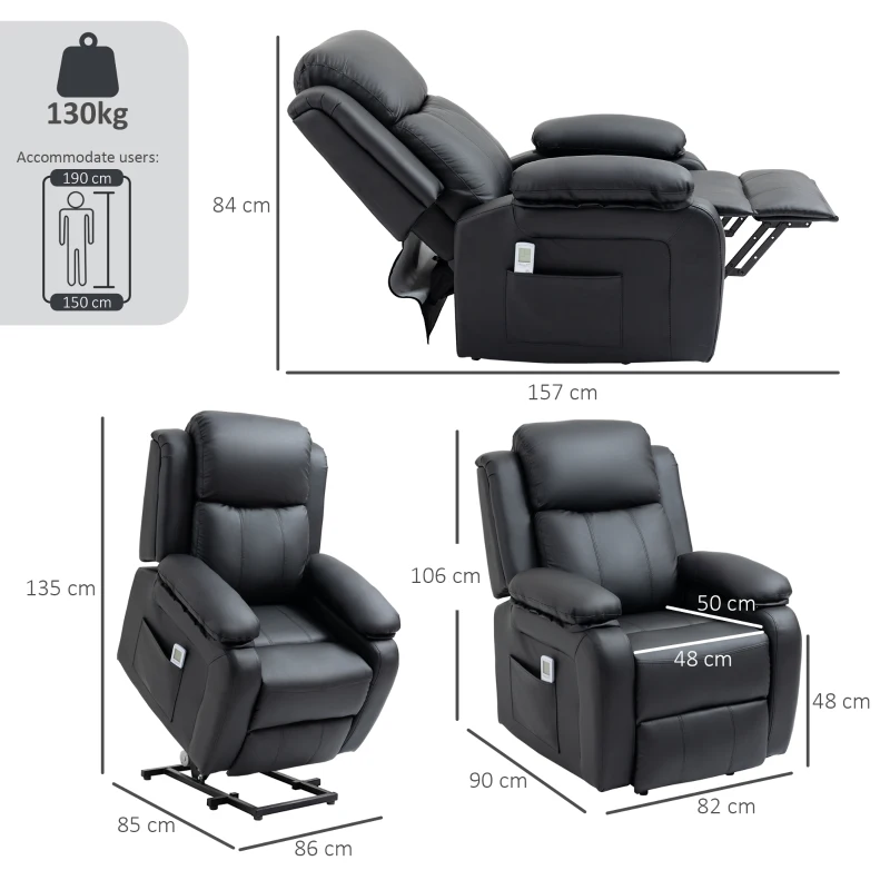 HOMCOM Riser and Recliner Chair with Vibration Massage, PU Leather Power Lift Chair for Elderly, Black