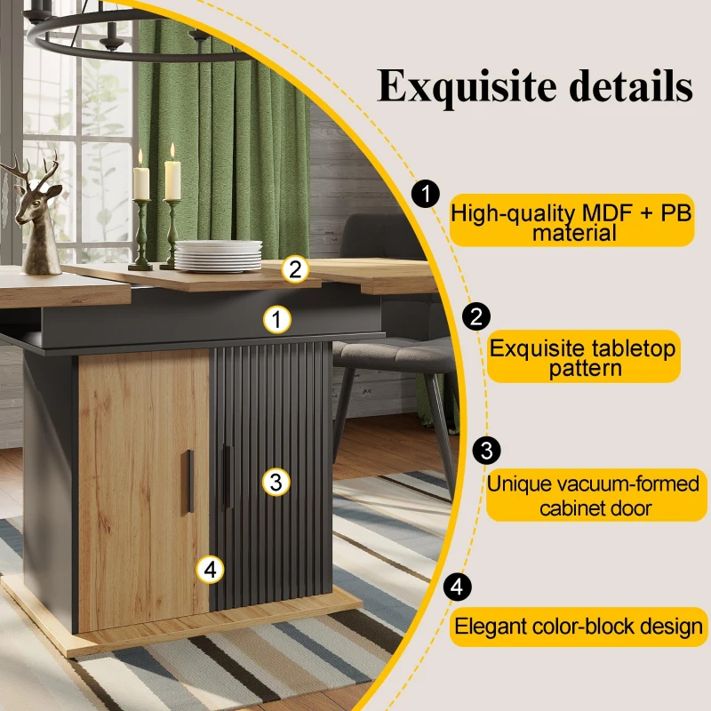 Telescopic Dining Table with Double-Sided Extension System, Modern Extension Table with Height-Adjustable Shelves, 140L x 80W x 75H cm, Black+Natural