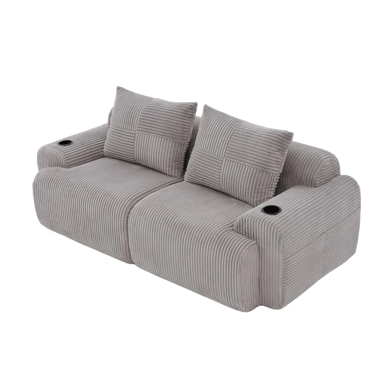 Modular 2-Seater Sofa with Built-In Cup Holder and Side Storage Pocket, Ribbed Corduroy Couch with High-Density Foam, 200L x 99W x 80H cm, Light Gray