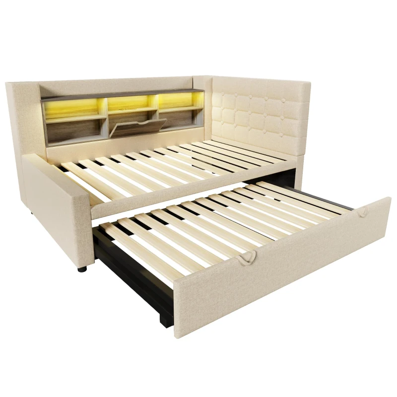 Convertible Daybed Trundle with Clever Storage and Sturdy Frame, Breathable Linen Sofa Bed with Integrated Charging, 204L x 107W x 88H cm, Beige