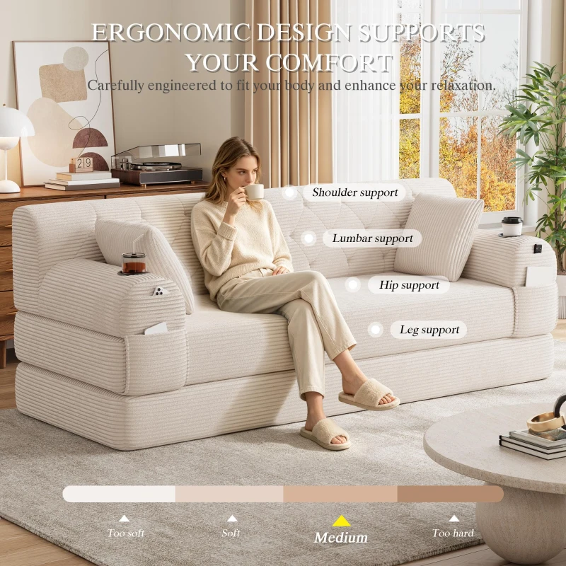 3-Seater Sleeper Sofa with Corduroy High-Back and High-Density Foam, Space-Saving Sofa Bed with 4 Side Pockets, 208L x 80W x 81H cm, Beige