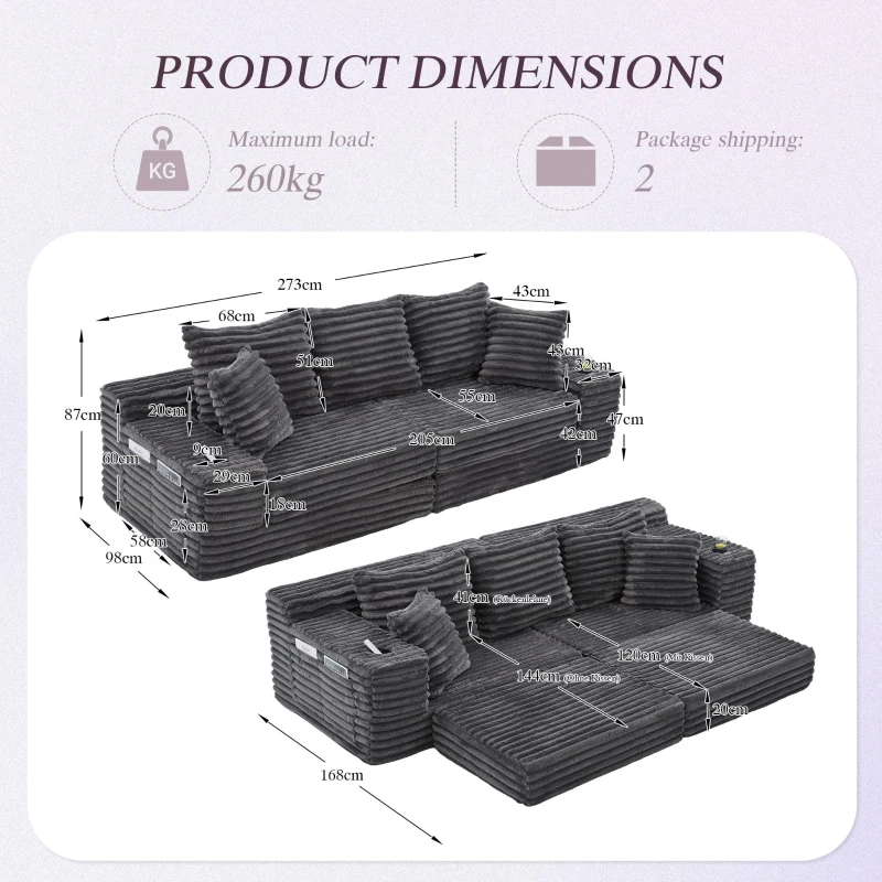 Convertible Sofa Bed with High Backrest and Extra Pillow, Ribbed Corduroy Couch with Dual Side Pockets, 107.5L x 38.5W x 34H cm, Dark Gray