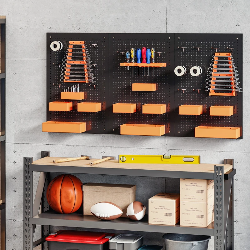 HOMCOM Organizador de Herramientas de Pared de 33 Piezas 120x60 cm con Ganchos Contenedores y Estantes  Negro y Naranja