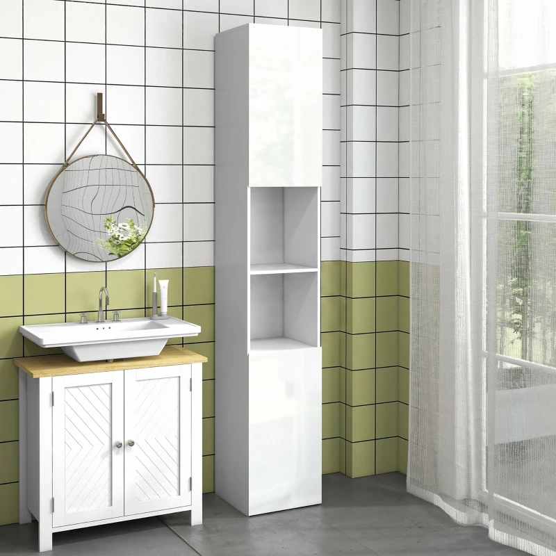 kleankin Meuble colonne de salle de bain 2 placards avec étagères réglables + 2 niches 30 x 30 x 181,5 cm blanc
