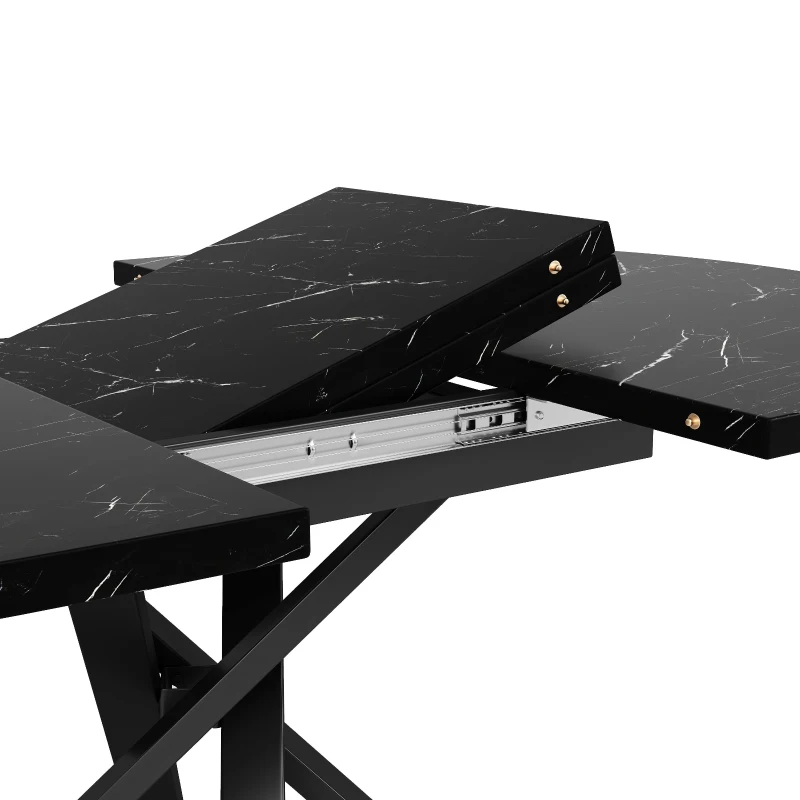 Extendable Dining Table with Marble-Effect Top, Space-Saving Round Table with Sturdy X-Shaped Metal Frame, 100L x 100W x 75.5H cm, Black
