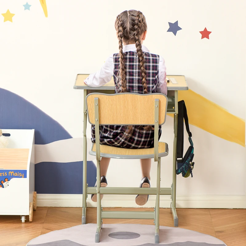 HOMCOM Height Adjustable Kids Desk and Chair Set with Storage Compartment, Bag Hook and Pen Holder, for 6-12 Years, Grey