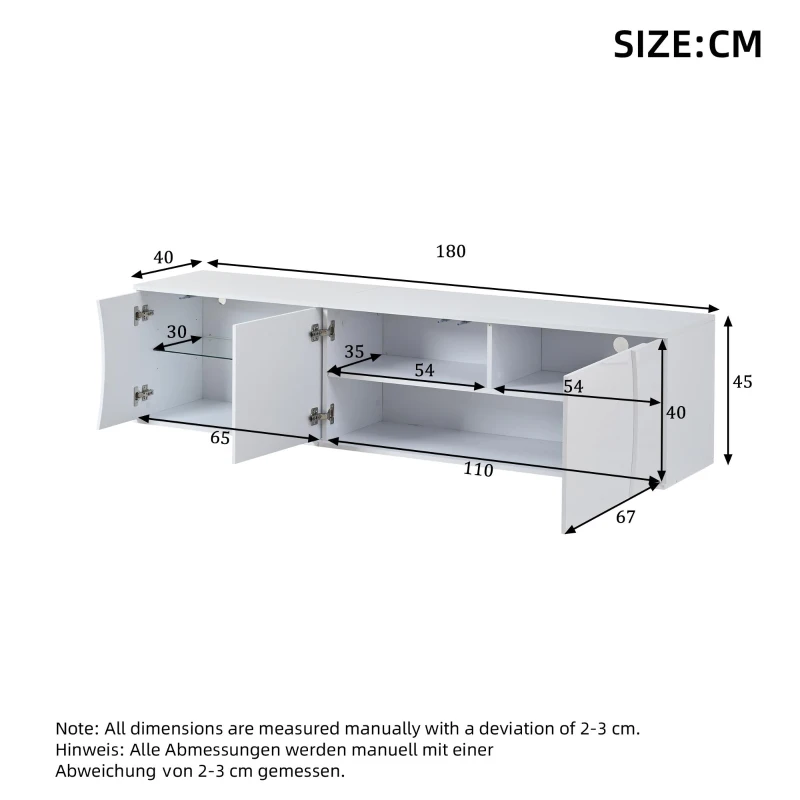 Freestanding TV Cabinet with LED Ambient Lighting and Tempered Glass Display, Modern Lowboard with 3 Doors, 180L x 40W x 45H cm, White