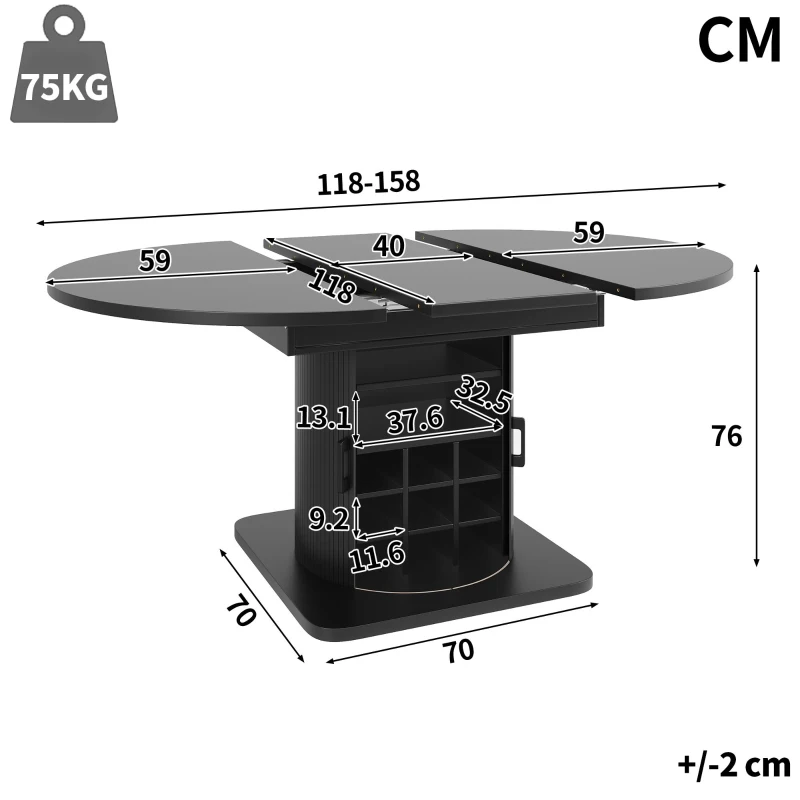 Extendable Dining Table with Hidden Storage and Wine Rack, Multifunctional Folding Table with Removable Shelves, 118L x 118W x 76H cm, Black
