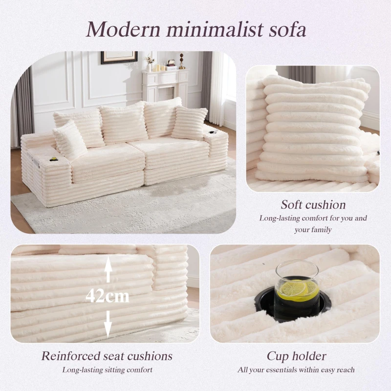 Convertible Sofa Bed with High Backrest and Extra Pillow, Ribbed Corduroy Couch with Dual Side Pockets, 107.5L x 38.5W x 34H cm, Beige