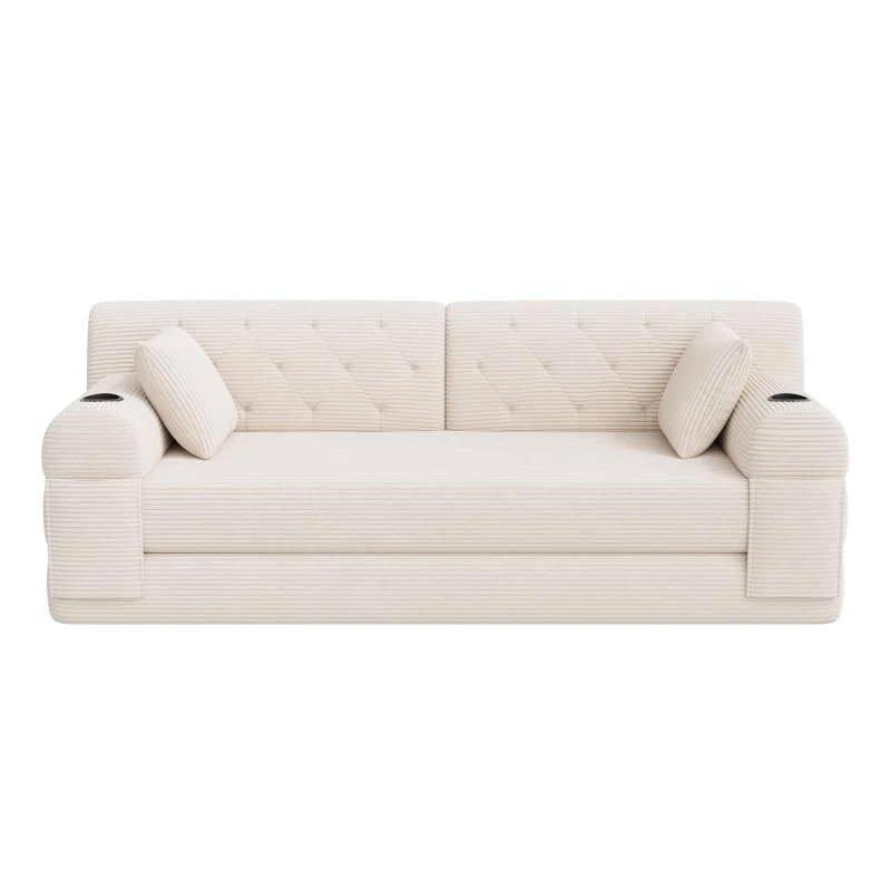 3-Seater Sleeper Sofa with Corduroy High-Back and High-Density Foam, Space-Saving Sofa Bed with 4 Side Pockets, 208L x 80W x 81H cm, Beige