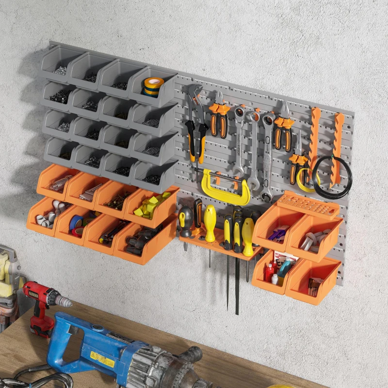 DURHAND Estantería de Pared para Herramientas 95x54 cm con 28 Cajas Apilables y Diferentes Ganchos Gris y Naranja