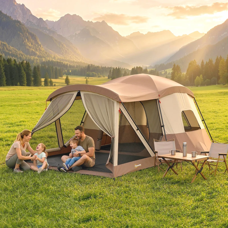 Outsunny Cabin Tent Waterproof Camping Tent with Two Room for 4 Person Brown