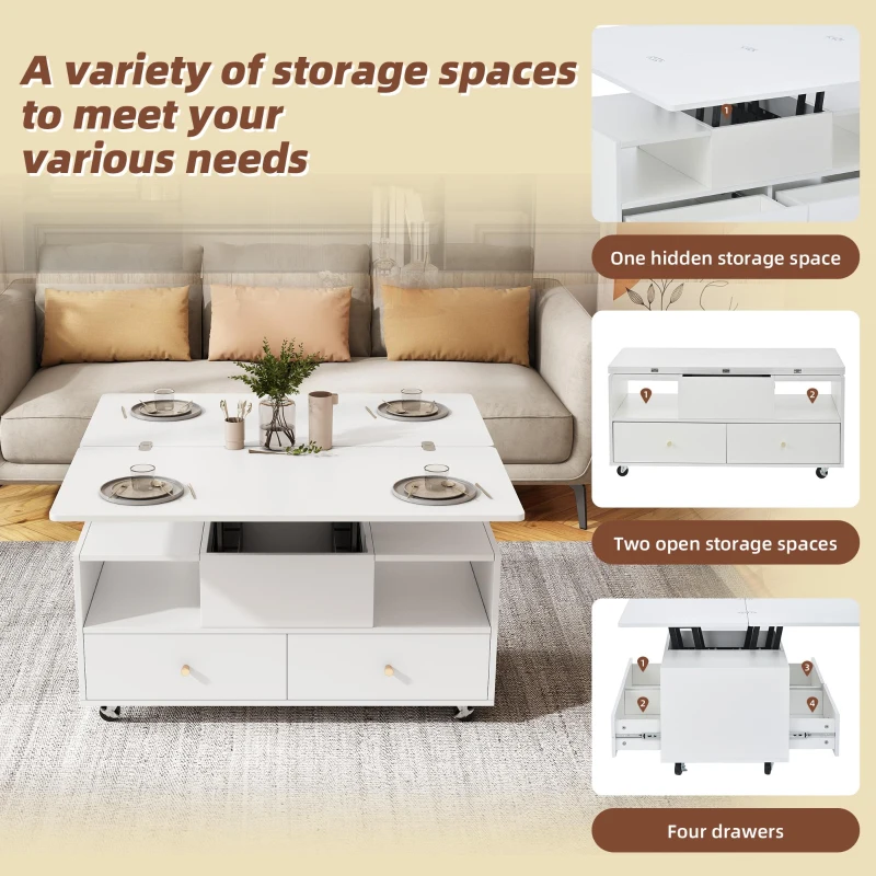 Extendable Lift-Top Coffee Table with Two Lift-Up Tabletops and Castors, Space-Saving Dining Table with four drawers, 100L x 50W x 47.5H cm, White