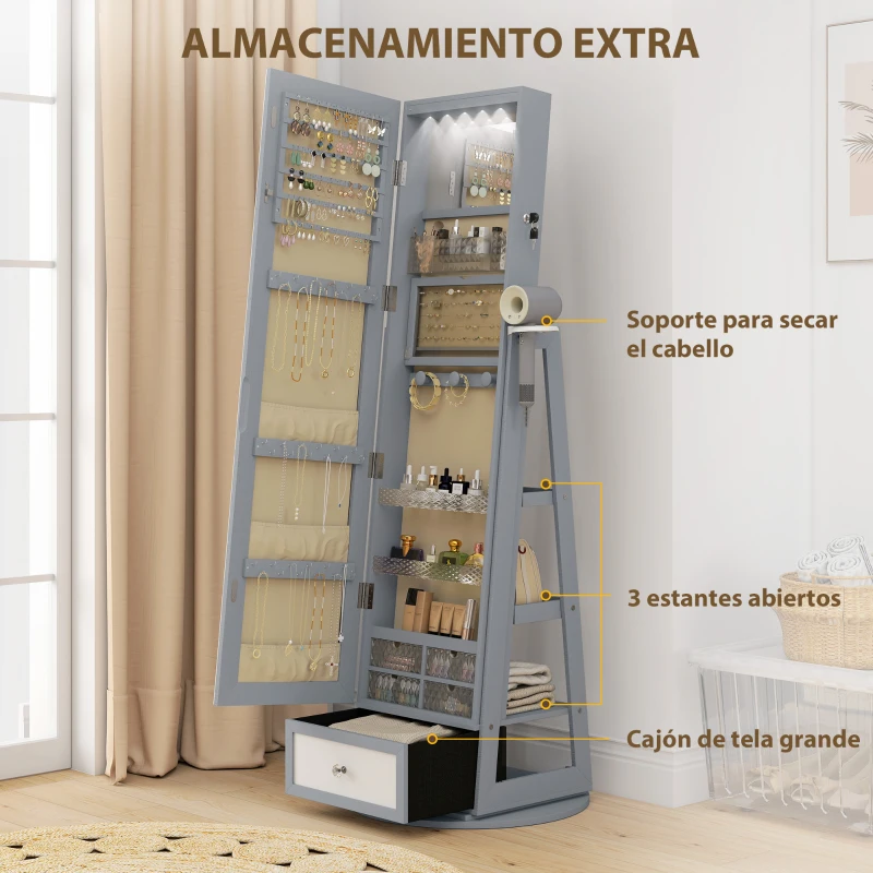 HOMCOM Espejo Joyero con Luces LED Armario Joyero con Espejo Entero Giratorio de 360° Cajón Cerradura Gris Claro