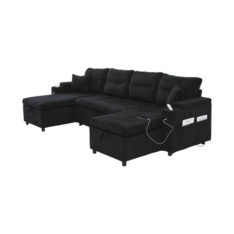 Contemporary 4-Seater Sofa with 2 Chaise Longues, Ribbed Corduroy Couch with Built-In Cup Holders, 272L x 136W x 86H cm, Black