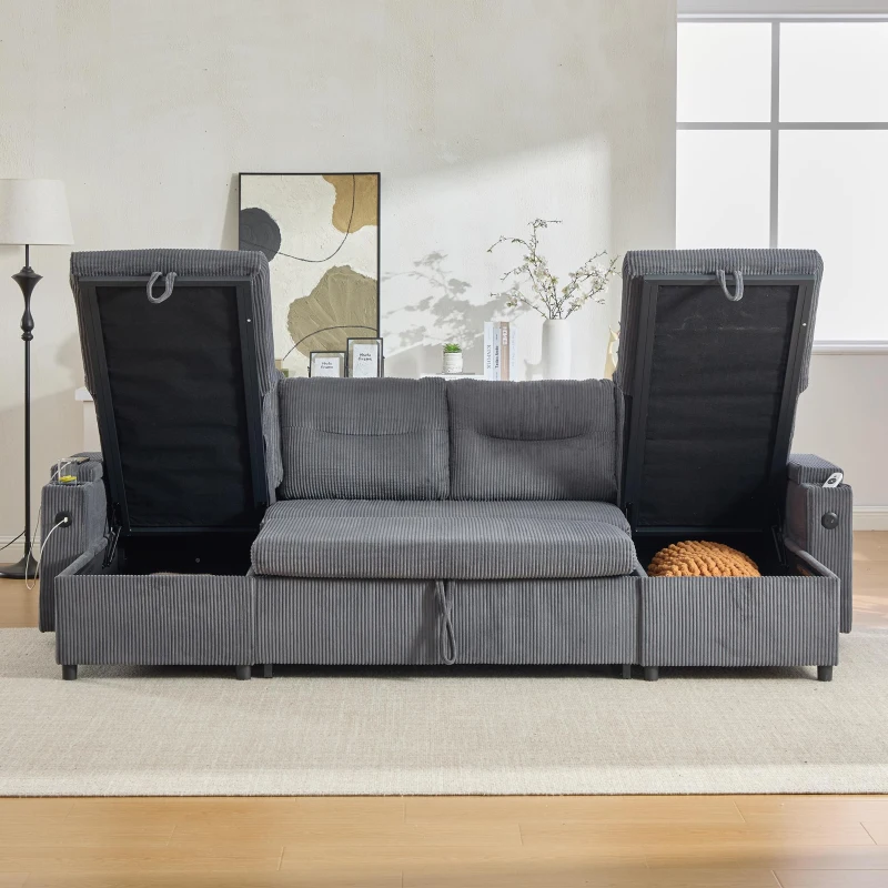 Contemporary 4-Seater Sofa with 2 Chaise Longues, Ribbed Corduroy Couch with Built-In Cup Holders, 272L x 136W x 86H cm, Charcoal grey