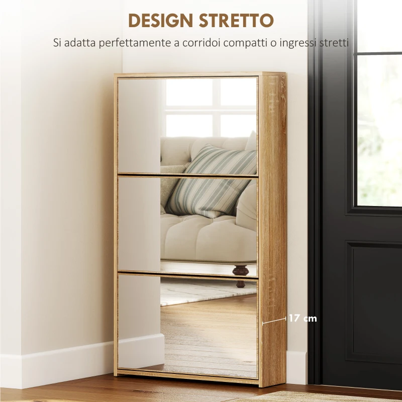 HOMCOM Scarpiera a Specchio con 3 Cassetti a Ribalta per 9 Paia di Scarpe, in Legno, 65x17x114.5 cm, Color Legno