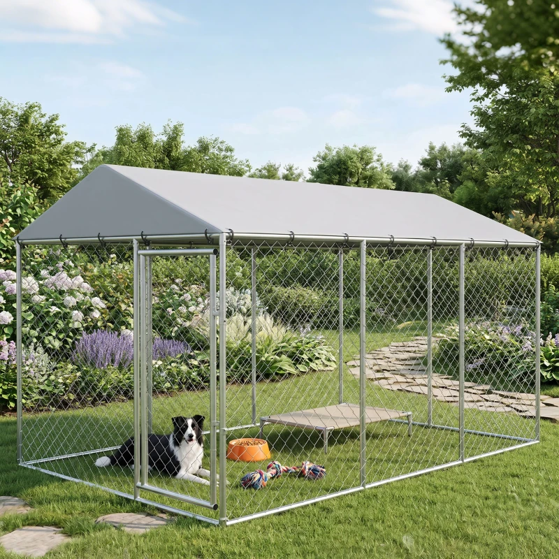 PawHut Außen-Hundezwinger mit verzinktem Gitter und Schloss, aus Stahl und Oxford-Gewebe, 4x2.3x2 m, Silber