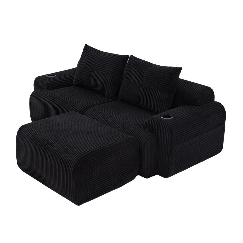 Modular 2-Seater Sofa with Foam-Filled Plush Seats, Black Corduroy Couch with Built-In Cup Holder, 200L x 174W x 80H cm, Black