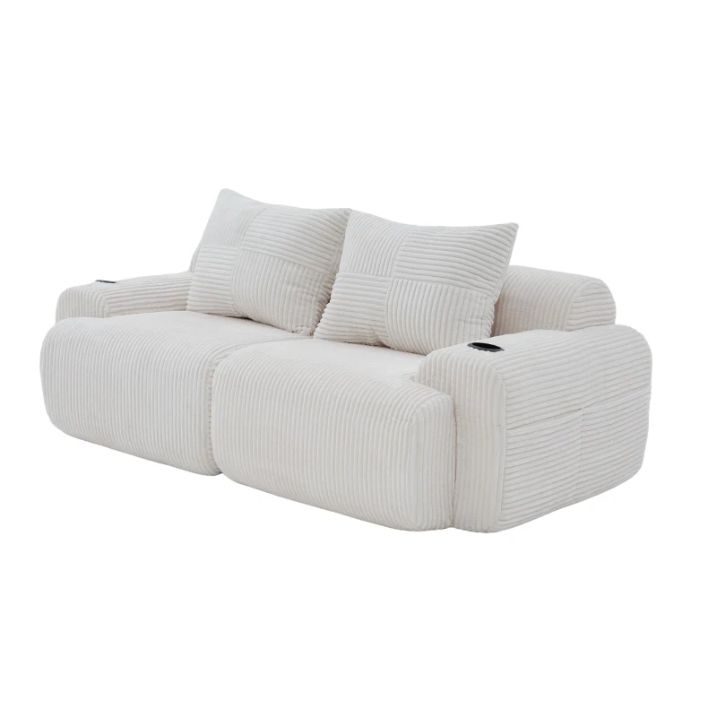 Modular 2-Seater Sofa with Built-In Cup Holder and Side Storage Pocket, Ribbed Corduroy Couch with High-Density Foam, 200L x 99W x 80H cm, Beige
