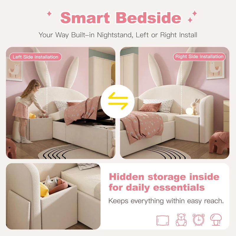 Bunny Ears Children's Single Bed with Hydraulic Lift Storage, Plush Velvet Bed Frame with Wooden Slatted Base, 206L x 149W x 143H cm, Beige