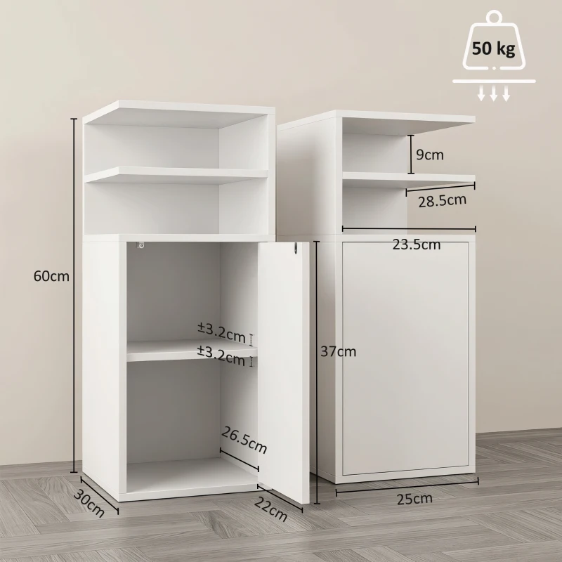 HOMCOM Set de 2 Noptiere pentru Dormitor cu Ușă Compartimente Deschise pentru Spații Reduse 25x30x60 cm Alb