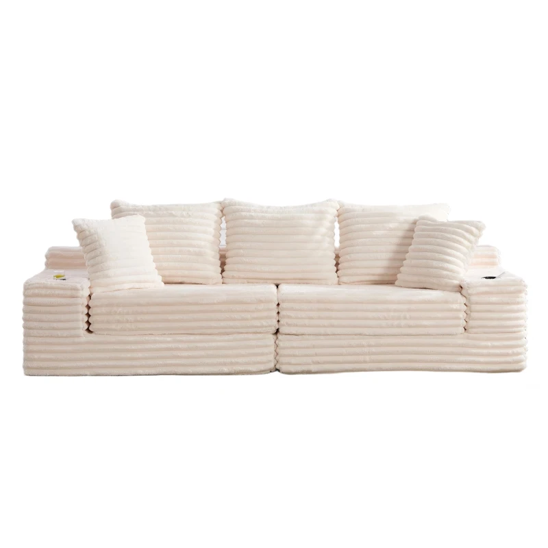 Convertible Sofa Bed with High Backrest and Extra Pillow, Ribbed Corduroy Couch with Dual Side Pockets, 107.5L x 38.5W x 34H cm, Beige
