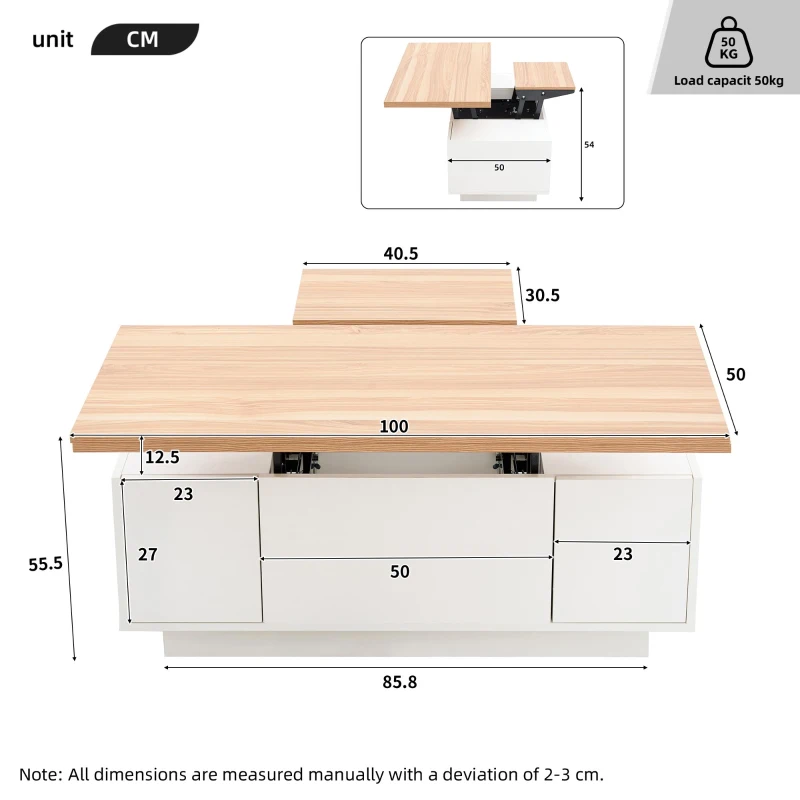 Lift-up Coffee Table with Hidden Storage and Dual Liftable Tops, Space-saving Centre Table for Dining, 100L x 50W x 55.5H cm, White+Natural