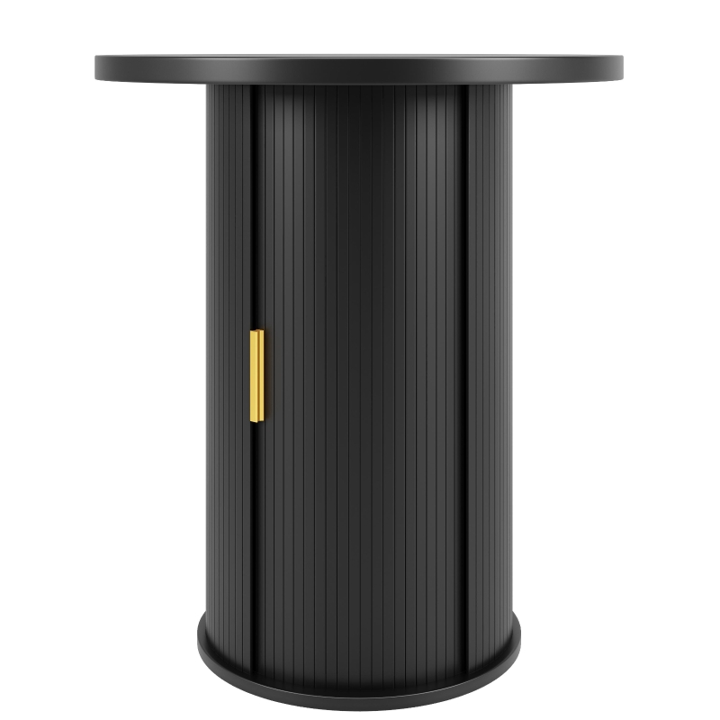 Round Bar Table with Metal Handles and Vertical-Slat Reinforced Body, Integrated Cabinet with Sliding Door, 60L x 60W x 91.5H cm, Black