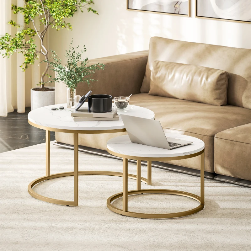 HOMCOM 2er-Set runde Couchtische, stapelbare Beistelltische mit Metallrahmen, Wohnzimmertisch in Marmoroptik, Kaffeetisch, Grau