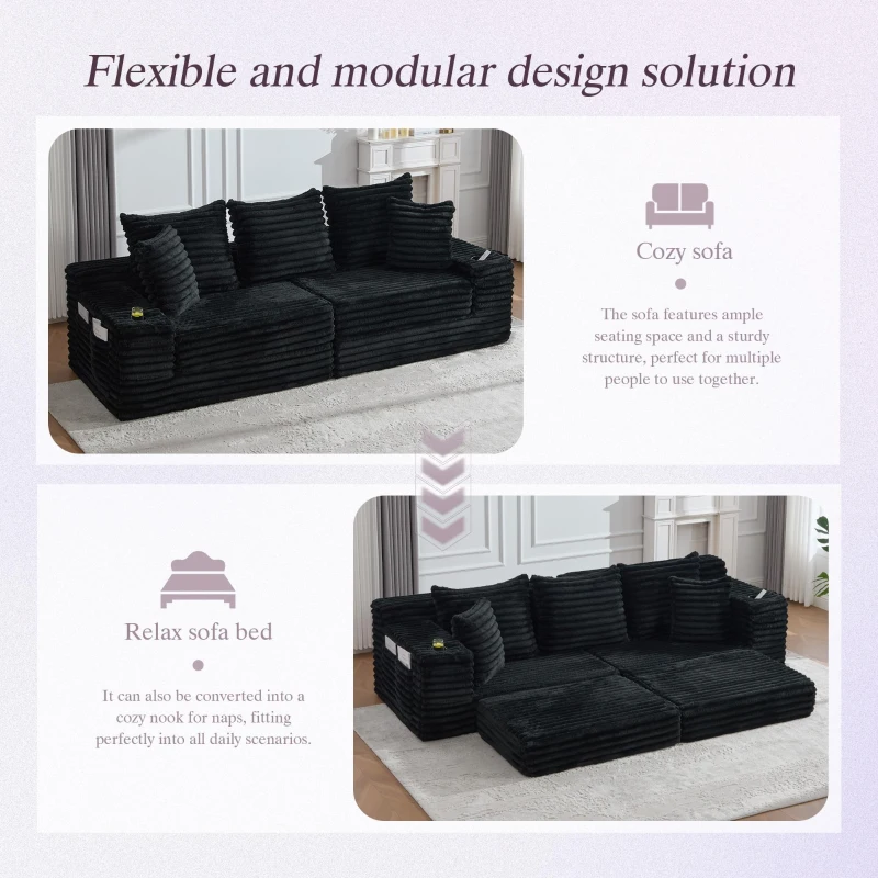 Convertible Sofa Bed with High Backrest and Extra Pillow, Ribbed Corduroy Couch with Dual Side Pockets, 107.5L x 38.5W x 34H cm, Black