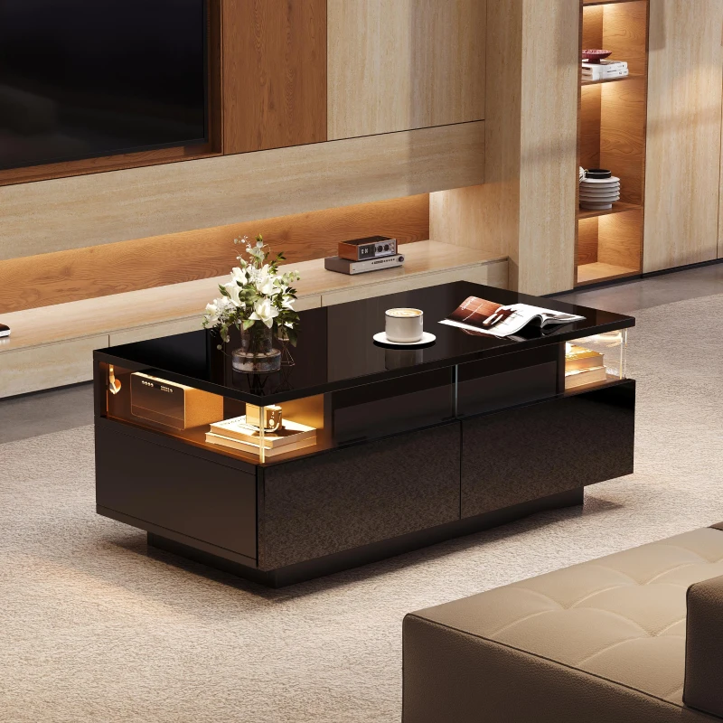 High-Gloss 3-Tier Coffee Table with Removable Tray, Sturdy Center Table with App-Controlled LED Lights, 90L x 45W x 35.5H cm, Black