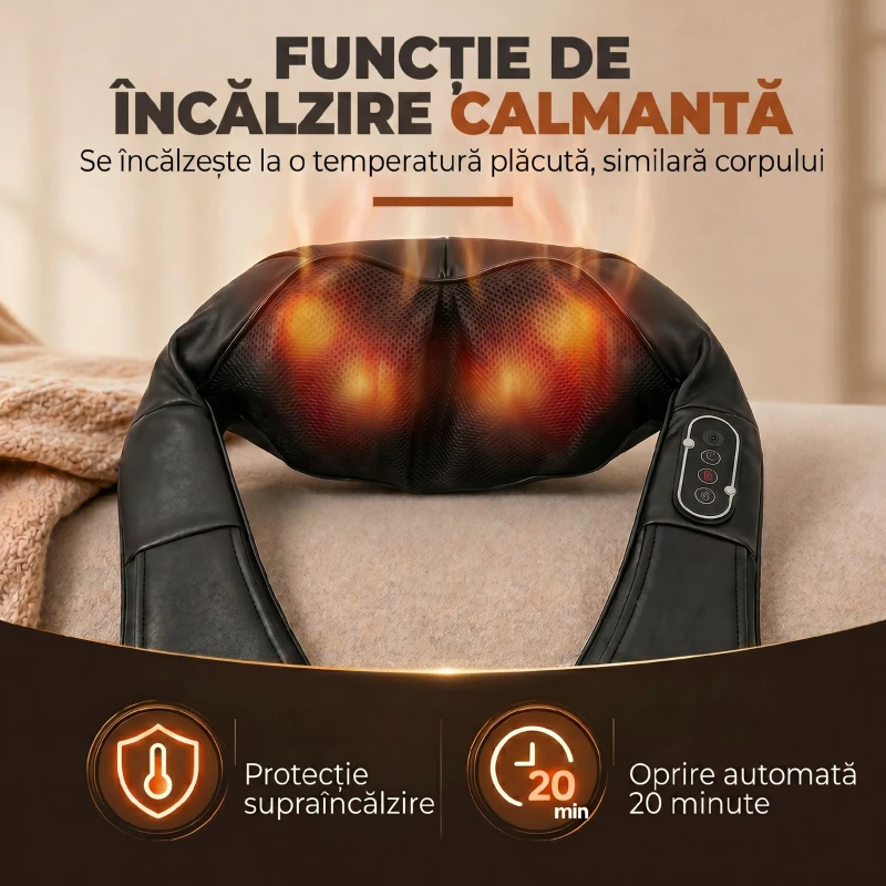 HOMCOM Masajer Cervical cu Încălzire pentru Spate, Gât și Umeri, Schimbare Automată a Direcției, Negru