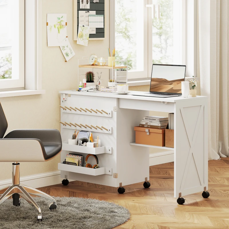 HOMCOM Folding Sewing Table, Rolling Craft Table with Storage compartments, Shelf and Lockable Casters for Small Spaces, White
