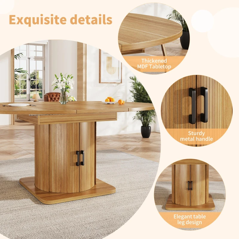 Extendable Dining Table with Space-Saving Round-to-Oval Design, Elegant Convertible Table with Smooth Metal Handle, 118L x 118W x 76H cm, Brown