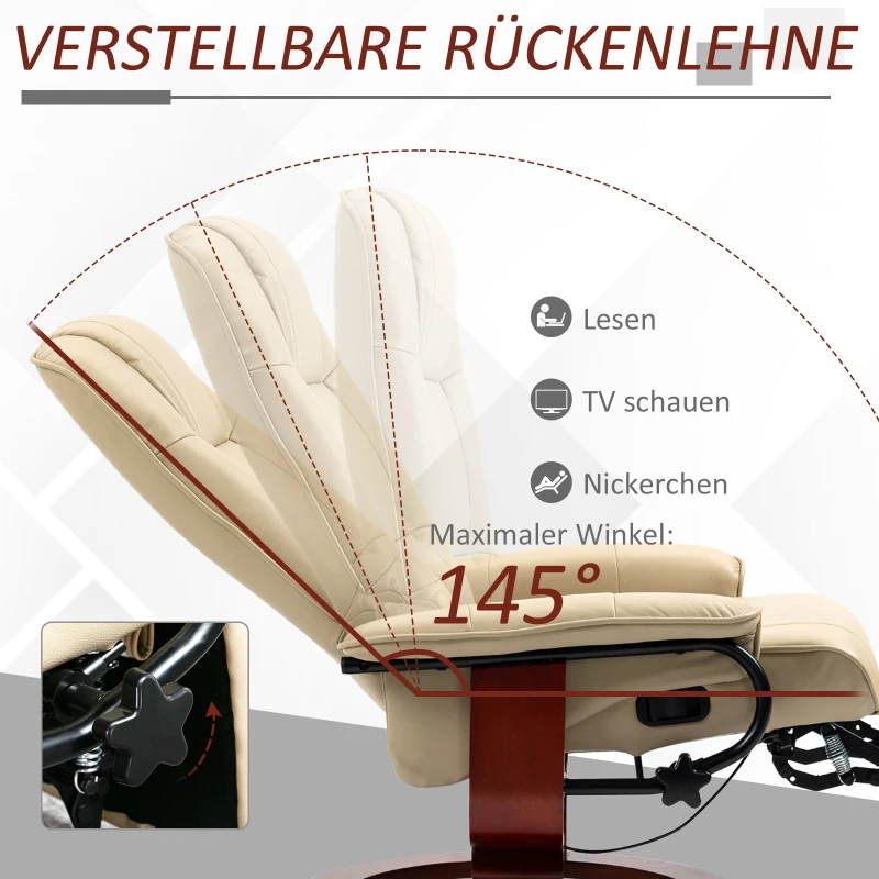 HOMCOM Relaxfauteuil, verstelbaar, ligfunctie, tot 120 kg, kunstleer, 78 x 87 x 100 cm, crème(m-4)
