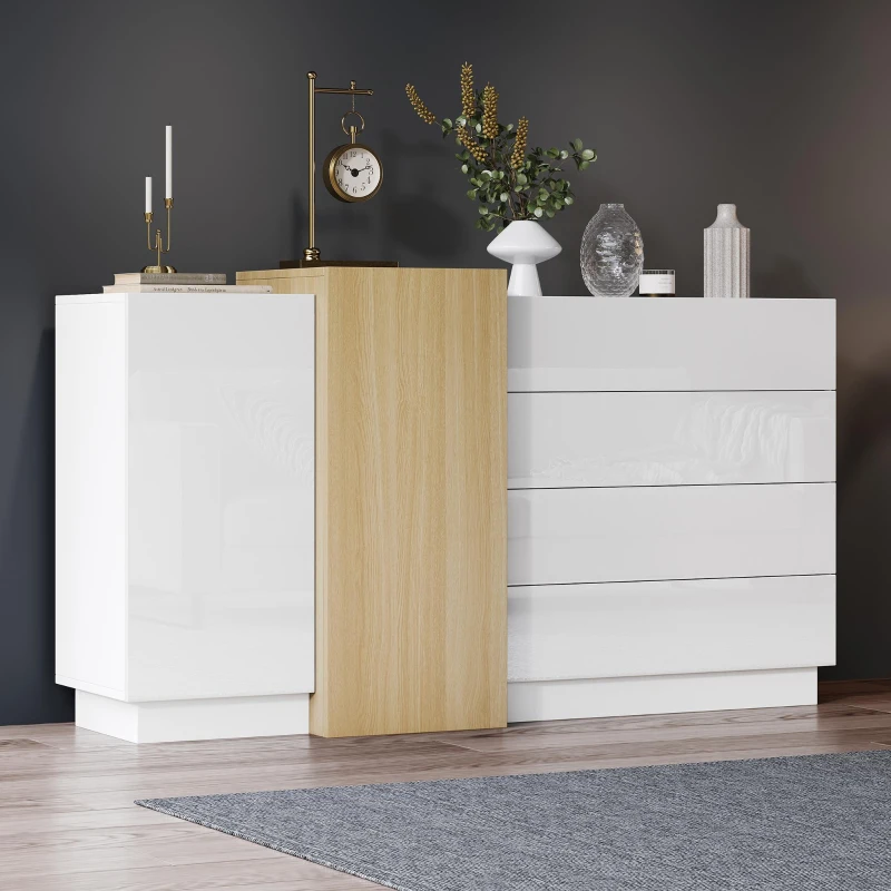 High-Gloss Sideboard with 4 Drawers and 2 Doors, Stylish Storage Cabinet with Anti-Tilt Safety Rails, 140L x 35W x 76.5H cm, White