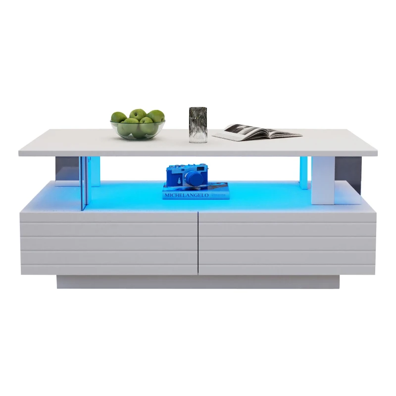 Sleek LED Coffee Table with App-Controlled Lighting, Stylish Center Table with Open Storage Shelf, 100L x 50W x 42.5H cm, White