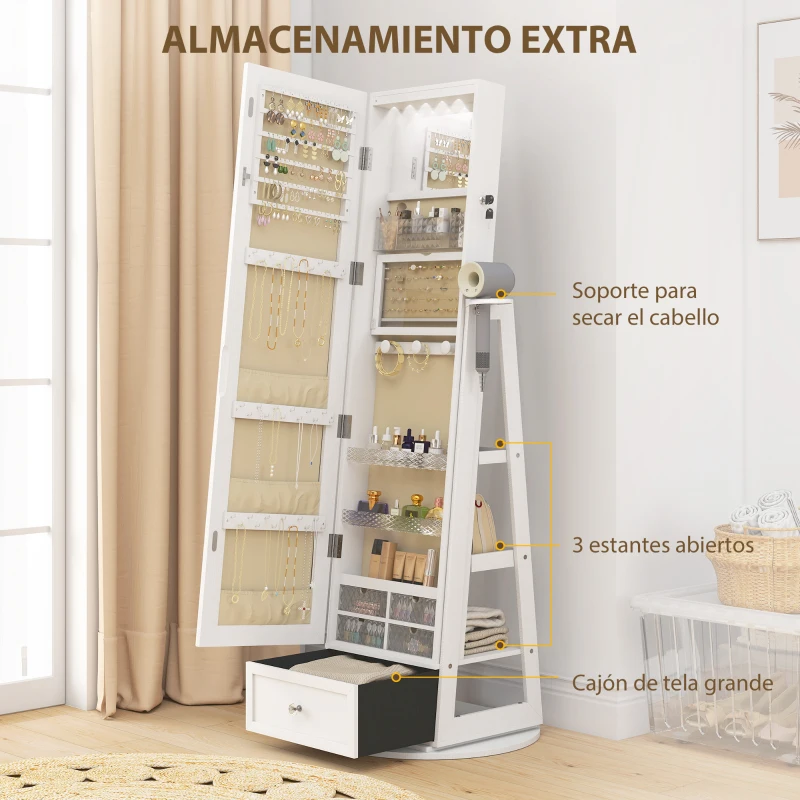 HOMCOM Espejo Joyero con Luces LED Armario Joyero con Espejo Entero Giratorio de 360° Cajón Cerradura Blanco