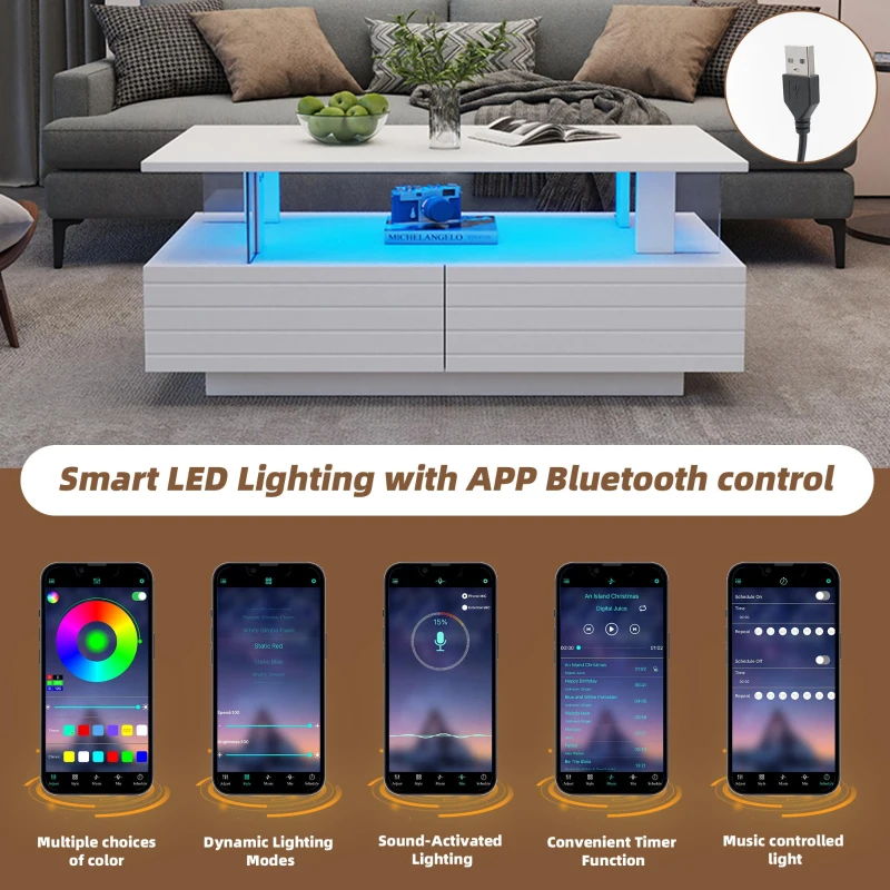 Sleek LED Coffee Table with App-Controlled Lighting, Stylish Center Table with Open Storage Shelf, 100L x 50W x 42.5H cm, White