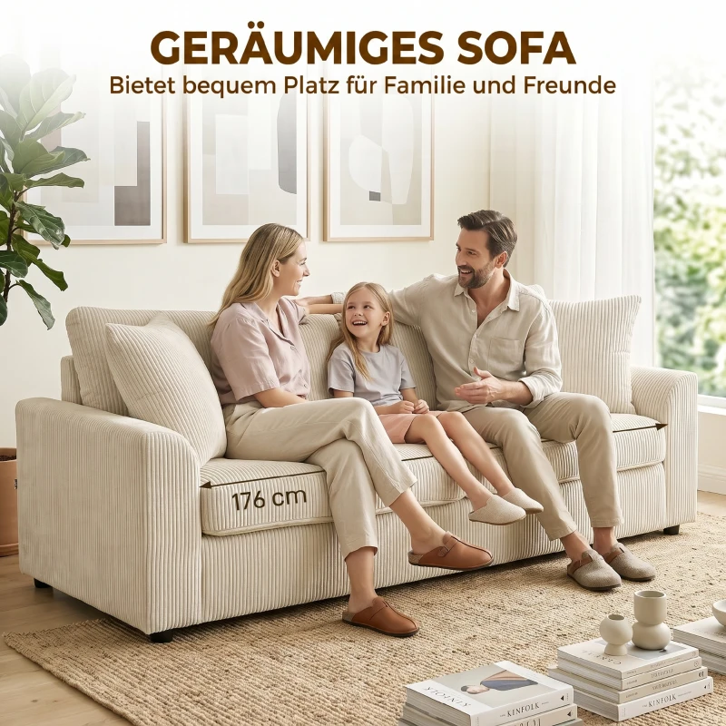 HOMCOM 3-Zitsbank met Sierkussens, Corduroy Sofa voor Woonkamer, Slaapkamer, 212 cm Breed, Crèmewit(m-4)