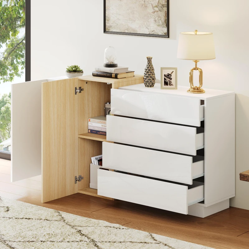 High-Gloss Sideboard with 4 Drawers and 2 Doors, Stylish Storage Cabinet with Anti-Tilt Safety Rails, 140L x 35W x 76.5H cm, White