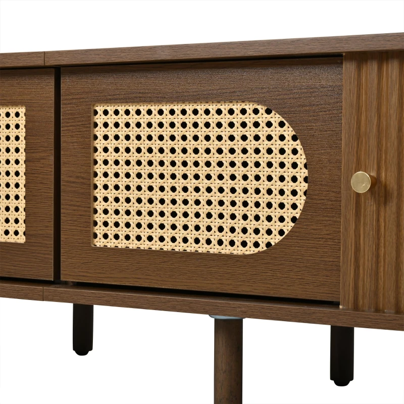 Stylish Oval TV Cabinet with Rattan-Style Fronts, Sturdy Lowboard with 30 kg Load Capacity, 180L x 40W x 40H cm, Walnut