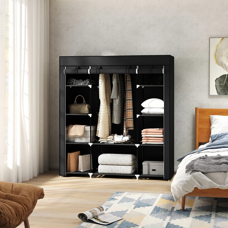 HOMCOM Stoffschrank aus Vlies, Faltschrank, 1 Kleiderstange, 9 Regale, 150 cm x 43 cm x 162,5 cm, Schwarz