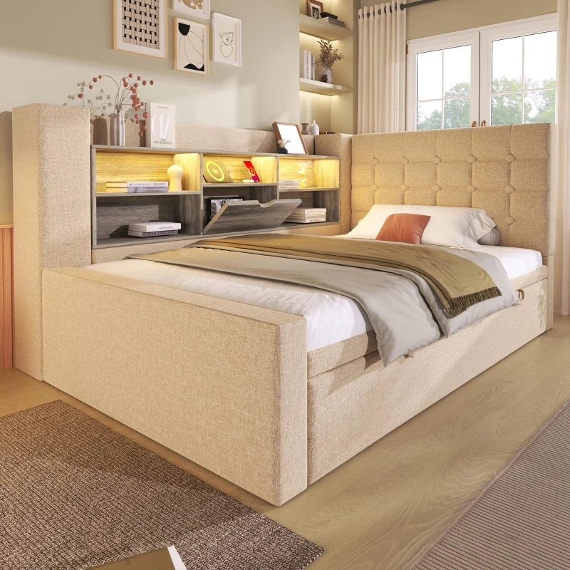 Convertible Daybed Trundle with Clever Storage and Sturdy Frame, Breathable Linen Sofa Bed with Integrated Charging, 204L x 107W x 88H cm, Beige
