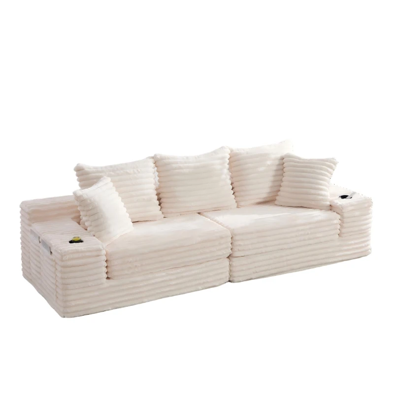 Convertible Sofa Bed with High Backrest and Extra Pillow, Ribbed Corduroy Couch with Dual Side Pockets, 107.5L x 38.5W x 34H cm, Beige