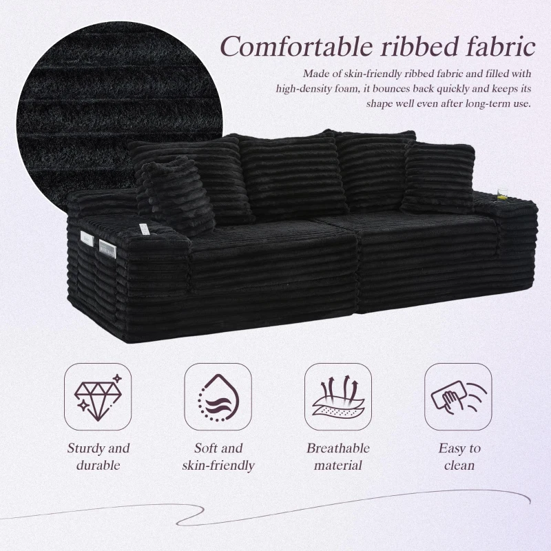 Convertible Sofa Bed with High Backrest and Extra Pillow, Ribbed Corduroy Couch with Dual Side Pockets, 107.5L x 38.5W x 34H cm, Black
