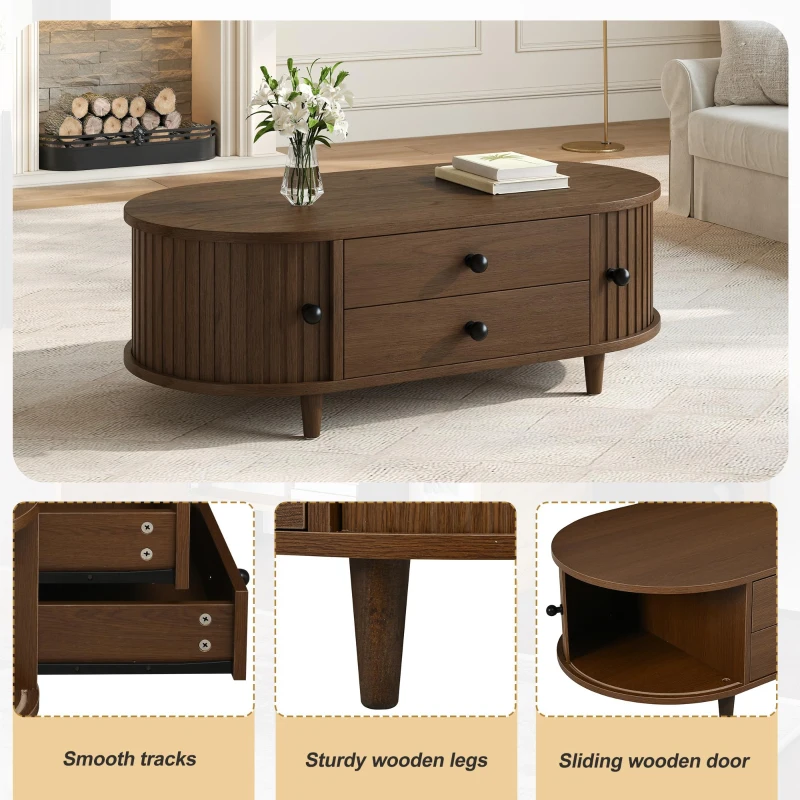 Oval Coffee Table with Sliding Roll-Top Doors, Sturdy Center Table with Two Drawers, 100L X 50W X 36H cm, Walnut