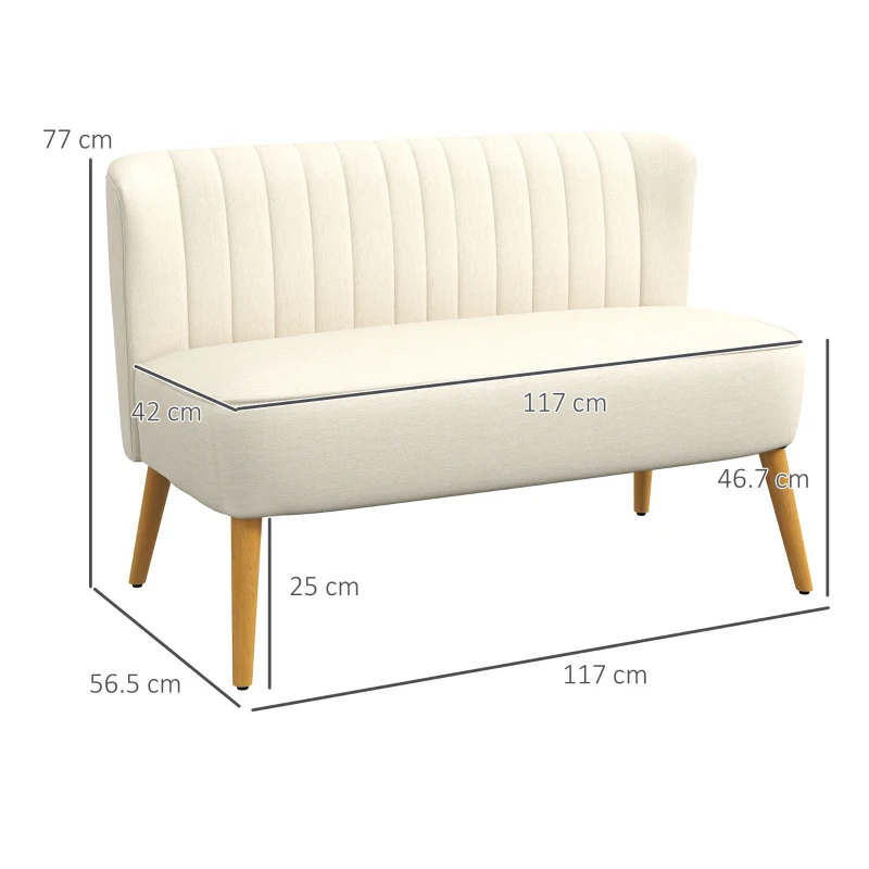 HOMCOM, Canapea, Cu Două Locuri, Material textil cu efect de in, Lemn de cauciuc, 117 x 56.5 x 77 cm, Crem